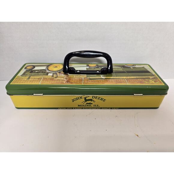 John Deere Woman Driving Tractor Tin Metal Hinged Tool Box 12x4 - Picture 3 of 7